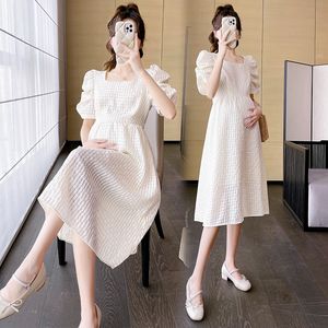 Moderskapsklänningar 2317# Summer Korean Fashion Maternity Midi Dress Sweet Lovely A Line Slim Clothes For Pregnant Women Graviditet Elegant 230428