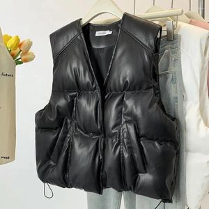 Women's Vests Fashionable Streetwear Black V-neck Leather Vest Jacket Autumn Spring Oversized Quilted Sleeveless Women PU Overcoat Outerwear