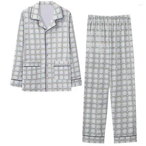 Mäns sömnkläder pyjamas byxor Set tryckt familjelocke snygg vår/höstpyjama med lapel krage långa ärmar snabbtorkande