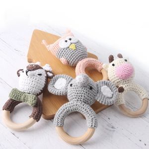 Rattles Mobiles Baby Rattle Toys For Children 1Pc Smooth Beech Wood Teething Crochet Elk Bear Teether Montessori Educational Kids 230427