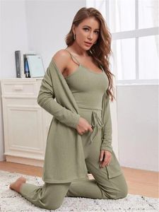 Women's Two Piece Pants 3 Sets Womens Outfits Waffle Solid Knitted Strap Top Robe Three Set Workout Woman Clothes Summer