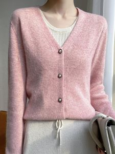 Sweaters beliarst% 100 merino yün kazak kadınlar vneck örgü hardian gevşek rahat üst moda inci düğmesi ceket bahar sonbahar