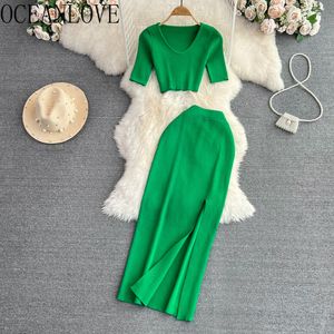 Tvådelt klänning Oceanlove Tvådel uppsättning för kvinnor som stickar solid vår sommar sexiga kjolar set koreansk mode sexig conuntos de vestidos 230428