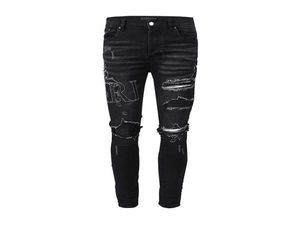 Дизайнерские джинсы Amira Fashion Men039s Модные новые модные пэчворк с отверстиями для стирки Джинсовый хлопок Slim Fit OL3E Плиссированные морщинистые Kn1616548