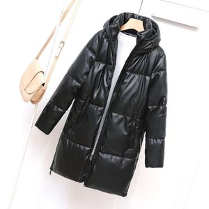 Couro feminino moda preto quente acolchoado casacos de algodão acolchoado jaquetas com capuz à prova dwaterproof água falso couro do plutônio longo inverno jaqueta outwear solto