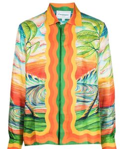 24SS New Casablanca Designer Camisa Homens e Mulheres Sunset Hill Sketch Pintado Seda Manga Longa Coconut Hawaii Beach Impresso Seda Casual Camisa Casablanca