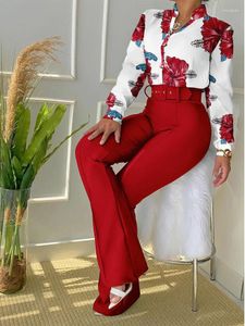 レディースツーピースパンツカジュアルロングスリーブシャツセットオフィスレディファッションvネックフローラルプリントズボン女性衣装2023