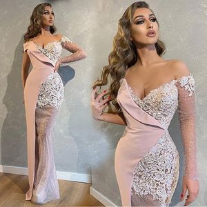 New Formal Evening Dresses Mermaid Off-Shoulder Prom Party Gown Long Sleeve Floor-Length Sweep Train Applique Sequins Satin long Plus Size