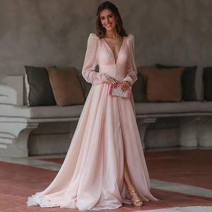 Modern Pink Evening Formal Dress 2024 Deep V Neck Puff Long Sleeve Side Slit golvlängd Kvinnor Prom Party Gown Robe de Soiree