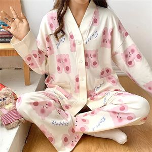 Kvinnor Sleepwear Japanese Kimono Style Autumn and Winter Womens Pyjamas Set Cotton Long Sleeved Family Vneck Lapel 231128
