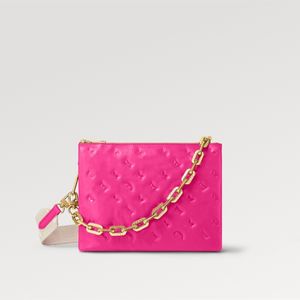 Explosion Kvinnors väskor M21773 Puffy Lambskin Coussin PM Handväska H32 Motiv präglad läderväska Pocket Chunky Chunky Gold Color Chain Textilband Rose Miami Pink