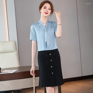 Women's Blouses Fashion Women Blue Shirts Short Sleeve 2 Piece Skirt And Tops Sets Summer Office Ladies Work Wear