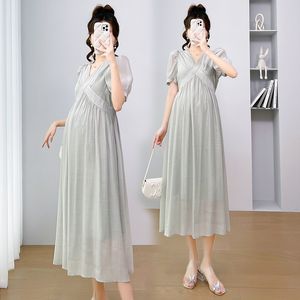 Moderskapsklänningar 9688# Summer Korean Fashion Moderskap Lång klänning över V Neck Hög midja en linje Slim Löst kläder Elegant graviditet slitage 230428