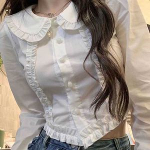 Women's Blouses Shirts QWEEK Kaii Shirt Women Spring Autumn Japanese Preppy Style Lolita Blouse Tunics Cropped White Button Up Long Sleeve Tops Lace P230427