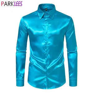 Men's Casual Shirts Luxury Shiny Blue Silk Satin Dress Shirts Men 70s Prom Shirt Long Sleeve Casual Smooth Tuxedo Shirt Chemise Homme 231127
