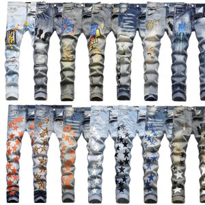 Men's Jeans European Jean Hombre Letter Star AM tiny spot Men Embroidery Patchwork Ripped Trend Brand Motorcycle Pant Mens Skinny AM3091# size 29-38