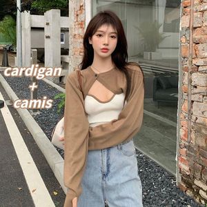 Arbetsklänningar sätter kvinnor mysiga trendiga kvinnliga temperament vår solid single knapp cardigan och sexig camisole outfits koreansk stil streetwear