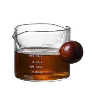 Glass Espresso Measuring Cup Double Mouth Coffee Milk Cup with Round Wooden Ball Handle Coffee Milk Jug Scale Measure Mugs