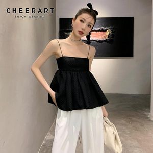 Camis Cheerart 텍스처 푹신한 검은 넥타이 백 스파게티 스트랩 여름 카미 탑 여성 캐주얼 패션 디자이너 튜브 탑 2021