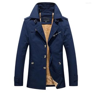 Men's Trench Coats Men Windbreaker Autumn Winter Long Sleeves Fleece Lining Buttons Closure Mid-Length Solid Color Thickened Jacket Coat