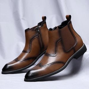 Botas estilo britânico homens brogue sapatos de couro zíperes vestido luxo apontou toe tornozelo botines hombre