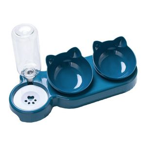 Feeding 3in1 Pet Dog Cat Double Bowls With Water Dispenser Automatic Drinking Pet Water Feeder 015 degreesTilting Neck Guard Cat Bowls