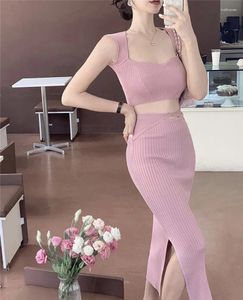 Work Dresses Korean Lady Sweet Knit Solid Crop Top Skirts Suits Sexy Camisole Hight Waist Bodycon Long 2 Piece Sets Short Women Outfit