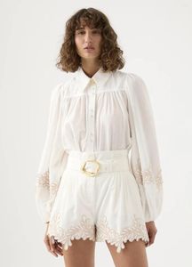 Women's Tracksuits Women Shirt Lantern Long Sleeve Heavy Embroidery Or Shorts High Waist Lace Set Metal Belt Linen Vintage