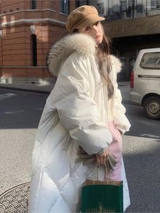 女性のトレンチコートホワイトビッグファーフード付きオーバーコートXロングコットンパッド付きコート韓国ファッションスタイルジャケット