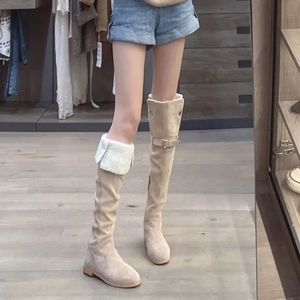 Boots Winter Lamb Hair Over The Knee Boots Women 2024 Plus Velvet Warm Snow Boots Tall Long Boots Khaki Cow Suede Flat Botas Shoe 231128