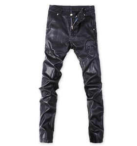 Jesienne i zimowe nowe modne czarne czaszki skórzane spodnie Slim Wintera Motorcycle Foot WindProof Pants Men039S6275767