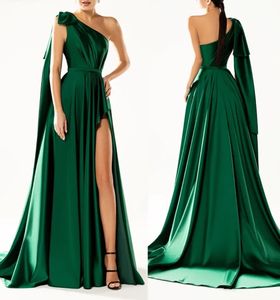 Prom Dresses Dark Green Evening Gown Party Formal Sleeveless Elastic Satin New Custom Lace Up Zipper Plus Size Thigh-High Slits Pleat A Line One-Shoulder