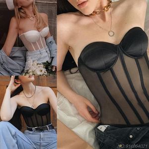 Tops Women Sexy Sheer Mesh Patchwork Bustier Corset Vintage Strapless LaceUp Back Overbust Waist Cincher Body Shaper Top Wholesales