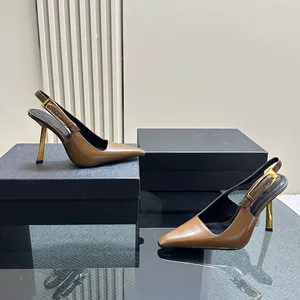 Kadınlar Elbise Show Ayakkabı Seksi Yüksek Topuklu 10 cm Luxurys Tasarımcıları Gerçek Deri Sling Pompalar Lady Seksi Sandalet Düğün Kulübü Metal Siyah Ayakkabı 35-41