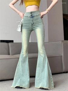 Kvinnors jeans 2023 Retro Chic Wide Leg Women Light Blue Streetwear High midja Bell Pants Bottoms Korean Vinatge Elastic Jean