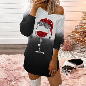 Casual klänningar god jul tröja damer crewneck off-shoulder långa ärmar vin cup tryckt cosplay fest klänning kväll