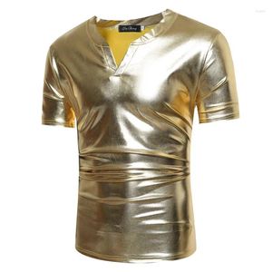 Męskie koszule błyszczące złote metaliczne koszulę krótkiego rękawu Men Hip Hop Streetwear Casual Tee Homme Dj Nightclub V SCICK TSHIRT CAMISETA