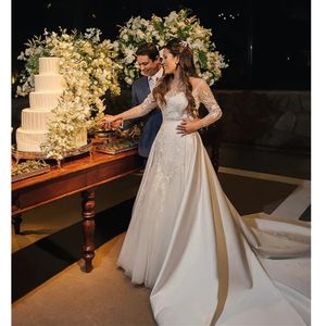 Luksusowe koraliki suknia ślubna Illusion koronkowe cekiny suknie ślubne długie rękawy kryształy szaty 3D kwiatowe sukienki narzeczone vestido de novia liniowe suknia ślubna