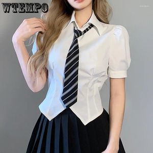 Women's Blouses White Basic Blouse Women Short Sleeve Sexy Corset Crop Top Female Slim Harajuku Fashion Shirt With Tie Tunics Y2k Korean