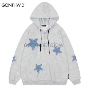 Men's Hoodies Sweatshirts Hip Hop Hoodie Sweatshirt Jacket Y2K Streetwear Vintage Retro Star Patch Zip Up Hooded Streetwear Coat Men Harajuku Casual Loosezln231128