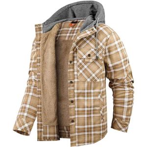 men's Hooded Coat casual thickened Long Sleeve Plaid work flannel button shirt jacket mens coat 81LNL