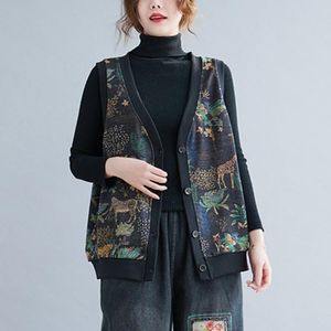 Parkas Women Casual Vests Jackets Ny ankomst 2021 Autumn Vintage Style Vneck Print AllMatch Loose Female Sleeveless Coats B1458