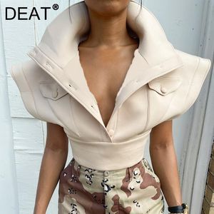 Waistcoats DEAT 2022 Autumn Women's Green Vest Lapel Loose Button Pullover Streetwear Apricot Fly Sleeve Green Waistcoat Female Tide 17A563