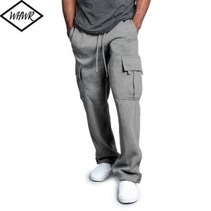 Herrbyxor Autumn Winter Fleece Sweatpant Men's Casual Multi-Pocket Loose Straight-ben Overalls Male Solid Color Thick Casual Pants 231127