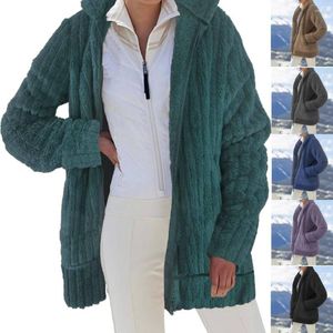 Kvinnors päls kvinnor höst vinter varm plysch zip ficka huva ytterkläder lösa jackor kvinnlig tjock streetwear coat faux fleece tröja