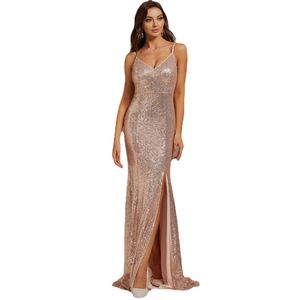 JETETH Sexy Spaghetti Straps V Neck Sequins Mermaid Evening Dress Side Split Backless Prom Celebrity Gowns robes