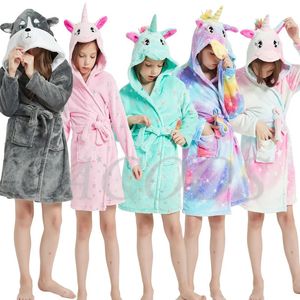 Pajamas Girl's Dressing Gown Baby Bath Robe Unicorn Children's Bathrobe Flannel Teen Hoodies Nightgown Autumn Winter Animal Kids Costume 231128