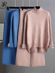 정장 Singreiny Winter Women Looke Sweater 세트 터틀넥 따뜻한 스웨터 탑+넓은 다리 긴 바지 여성 캐주얼 두 knitted 두 조각 정장