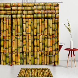 Shower Curtains Chinese Style Bamboo Set Yellow Green Print Bath Mats Entrance Door Bathroom Rug Kitchen Room Decoration