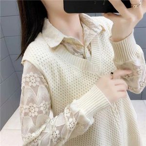 Women's Sweaters Two Piece Sweater Vest Spring Autumn Korean Knitted Fashion Long Sleeve Lace Bottoming Shirt Top S-4XL